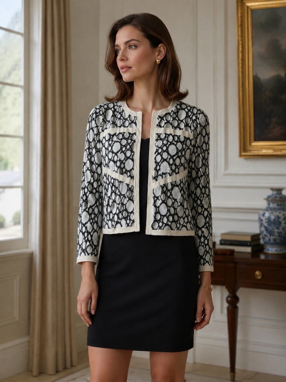 Ming Wang Black White Knit Jacket & Sleeveless Dress Set Career Office Petite XS